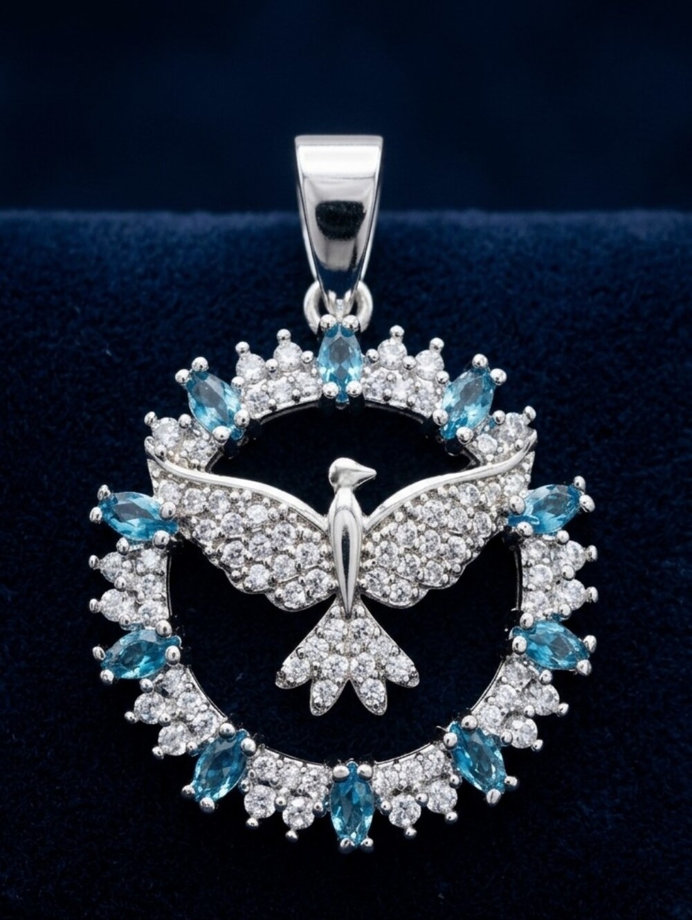 Blue Topaz DOVE Sterling Silver Pendant 1.25" NEW